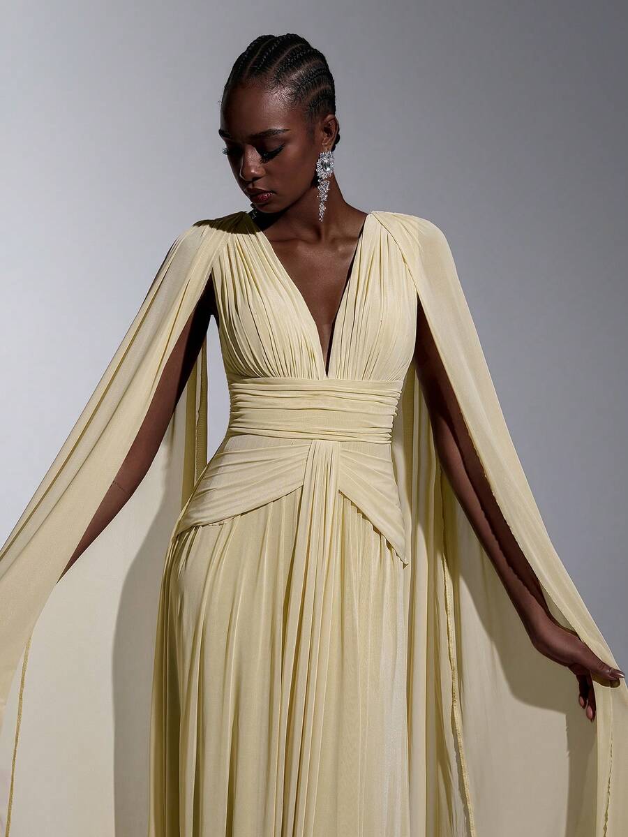 Pale Yellow Cape Sleeve Pleated Maxi Gown