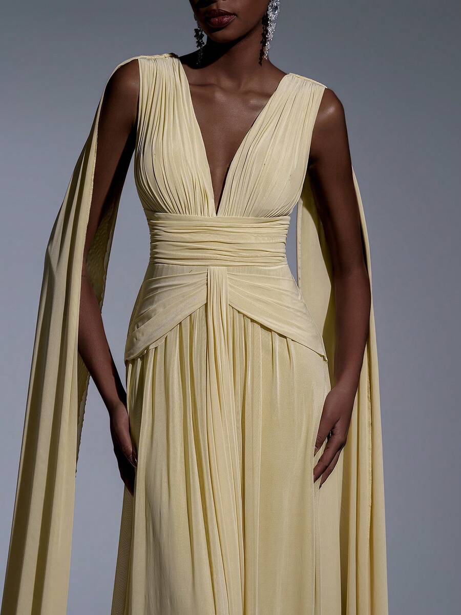 Pale Yellow Cape Sleeve Pleated Maxi Gown