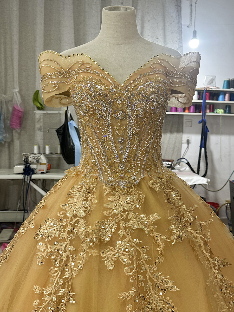 Off-Shoulder Embroidered Handmade Wedding Dress