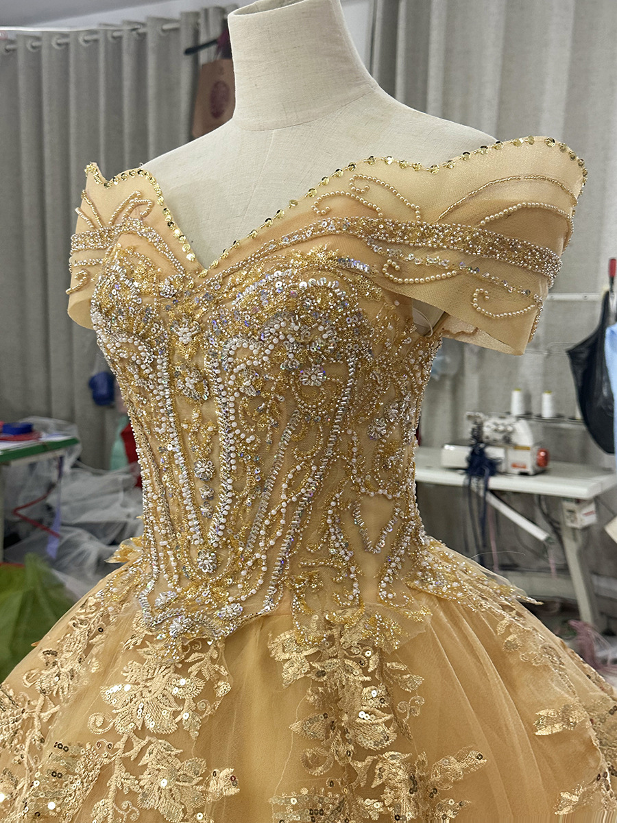 Off-Shoulder Embroidered Handmade Wedding Dress