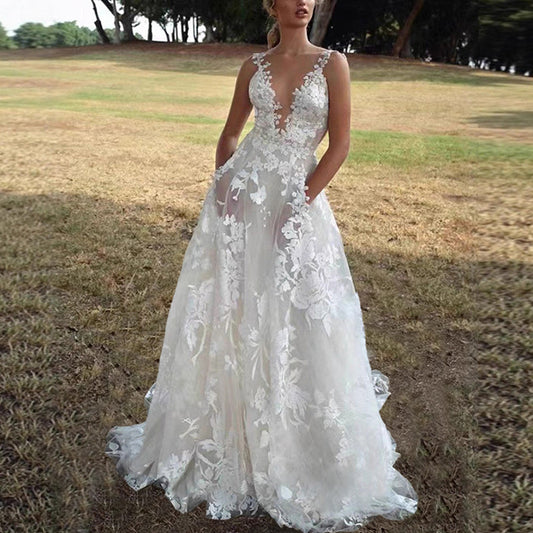 White Floral Lace Applique Tulle Wedding Gown