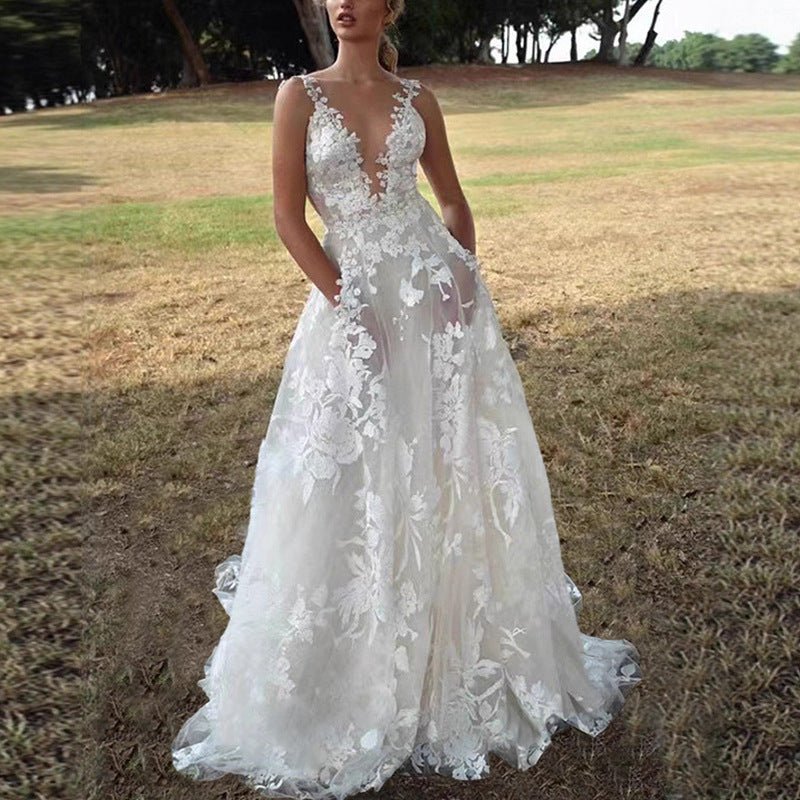 White Floral Lace Applique Tulle Wedding Gown