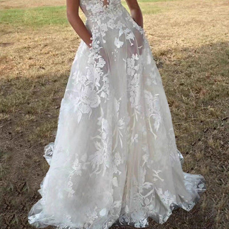 White Floral Lace Applique Tulle Wedding Gown