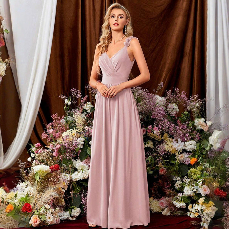 Blush Pink Floral Applique Chiffon Bridesmaid Gown