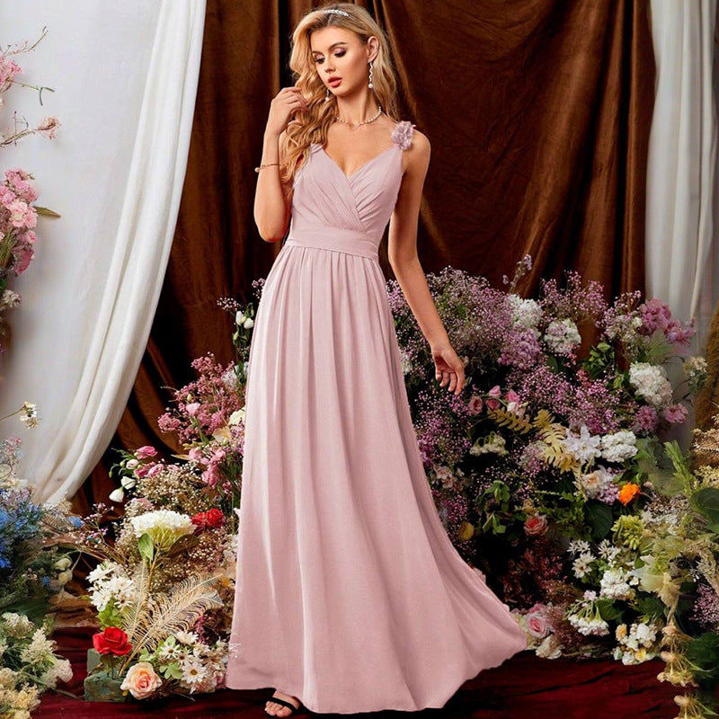 Blush Pink Floral Applique Chiffon Bridesmaid Gown