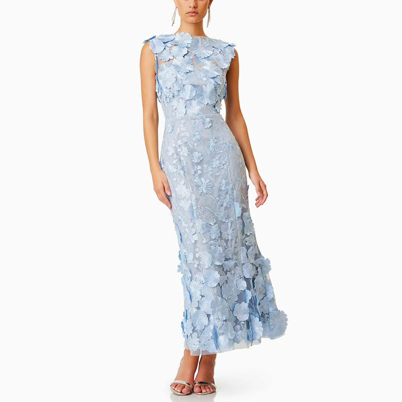 Sleeveless Flower Embroidery Midi Dress