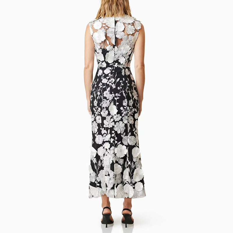 Sleeveless Flower Embroidery Midi Dress