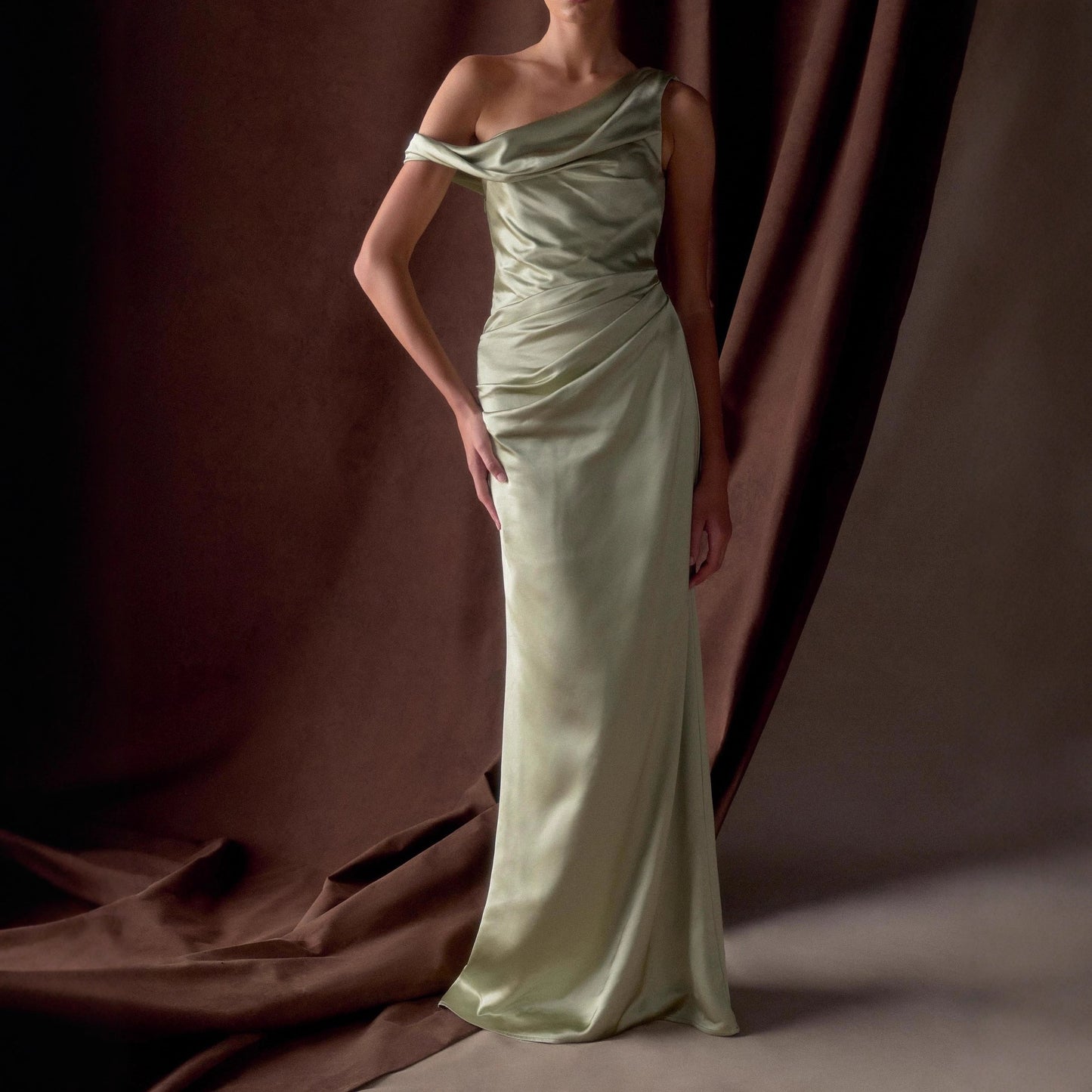 Satin Off-Shoulder High-Waisted Fitted Bridesmaid Dress