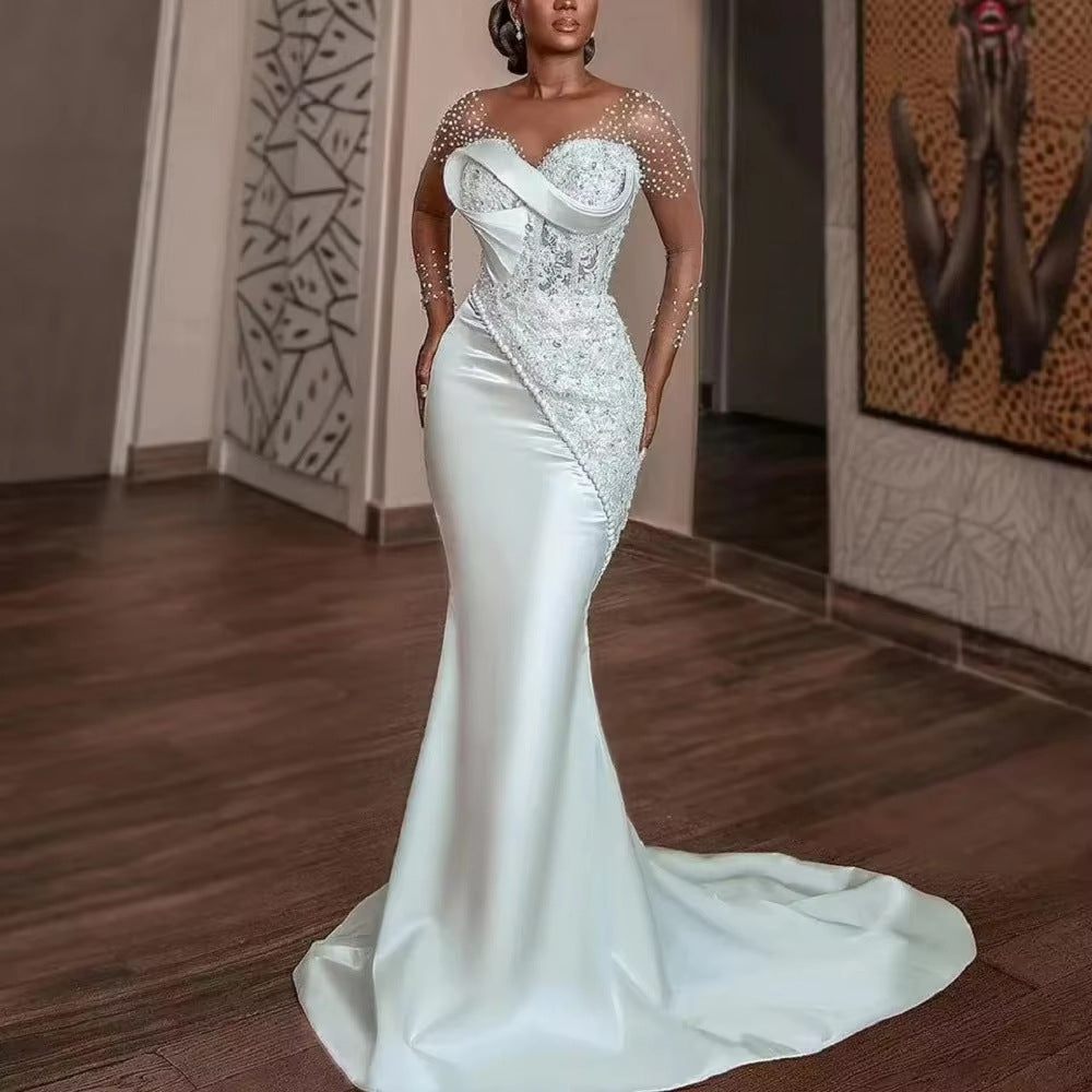 White Lace Pearl-Embellished Wedding Dress