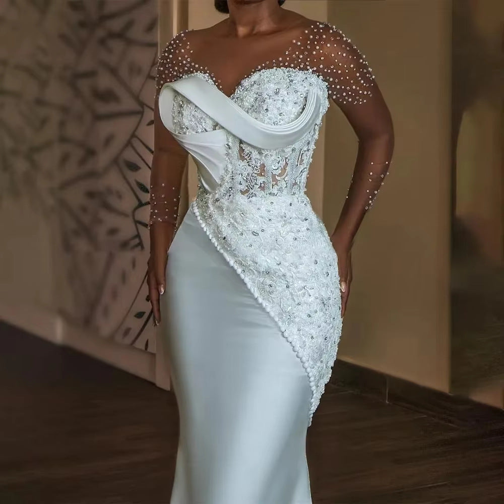 White Lace Pearl-Embellished Wedding Dress