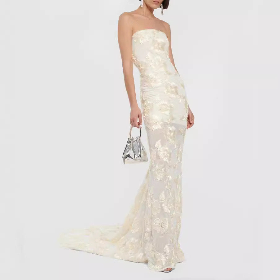 Pale Yellow 3D Jacquard Sheer Mesh Strapless Dress