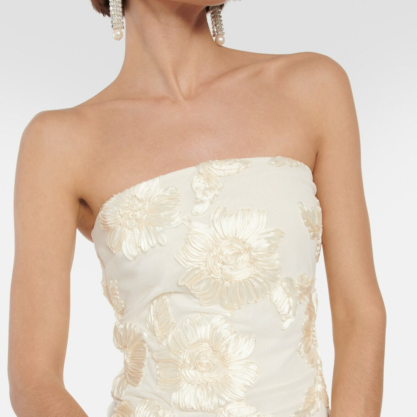 Pale Yellow 3D Jacquard Sheer Mesh Strapless Dress