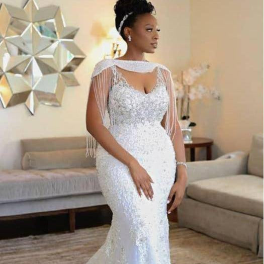 Rhinestone-embellished Fringe Train Wedding Dress