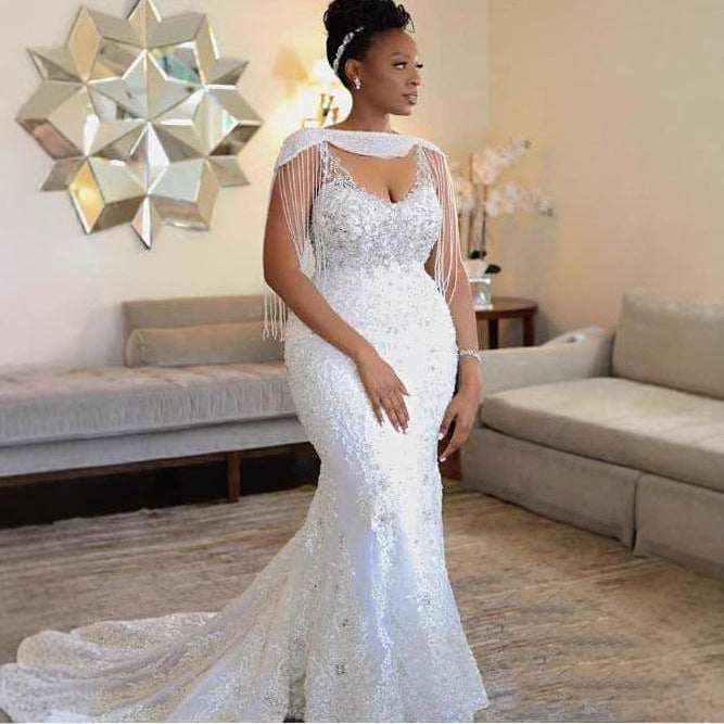 Rhinestone-embellished Fringe Train Wedding Dress