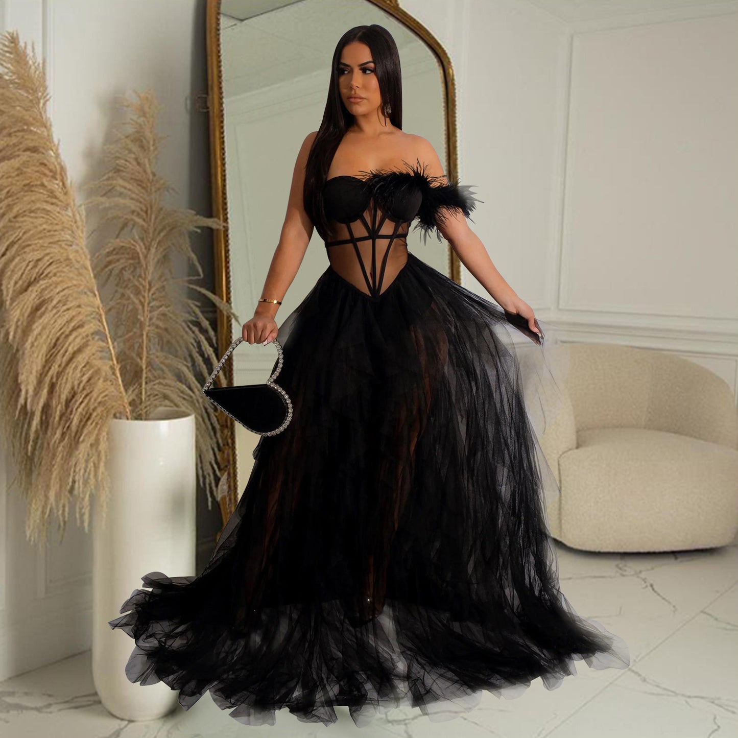 Sleeveless Backless Layered Mesh See Through Feather Long Evening Dresses
