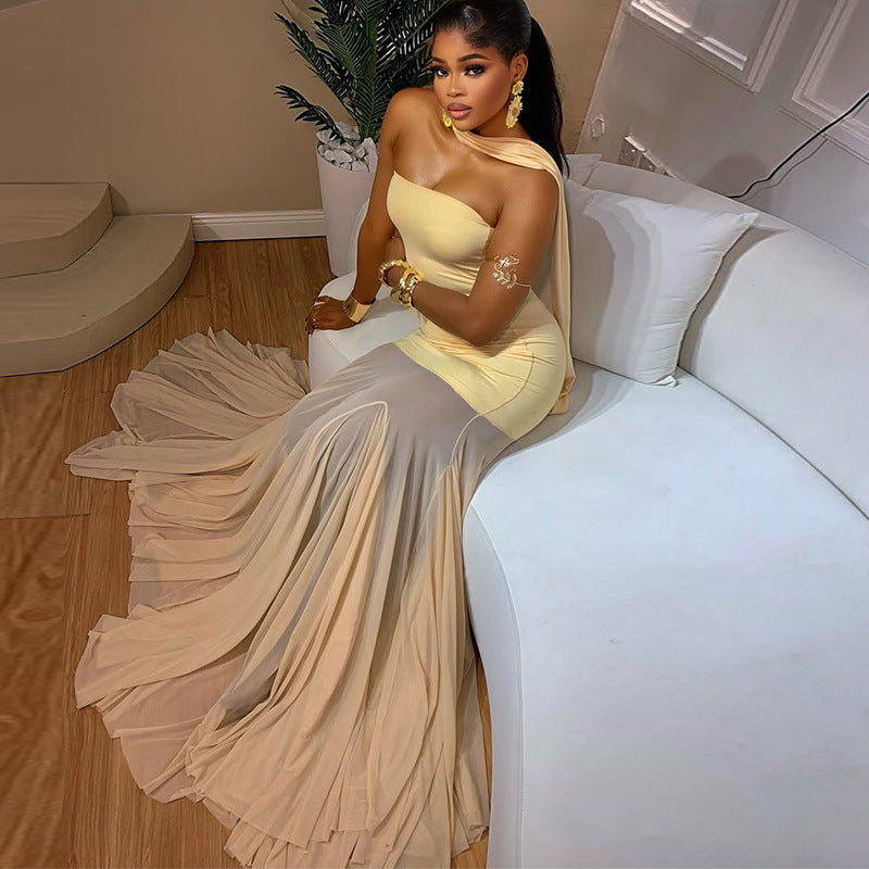 Strapless Mesh Patchwork Maxi Dress