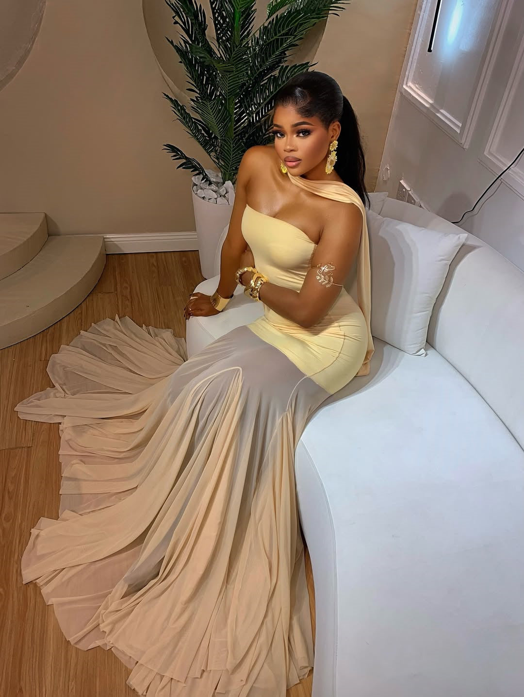 Strapless Mesh Patchwork Maxi Dress