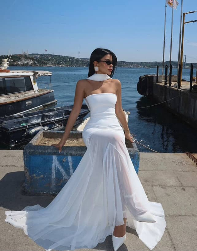 Strapless Mesh Patchwork Maxi Dress
