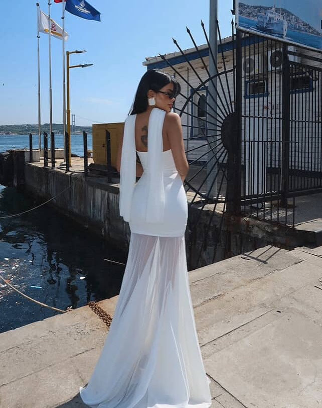 Strapless Mesh Patchwork Maxi Dress