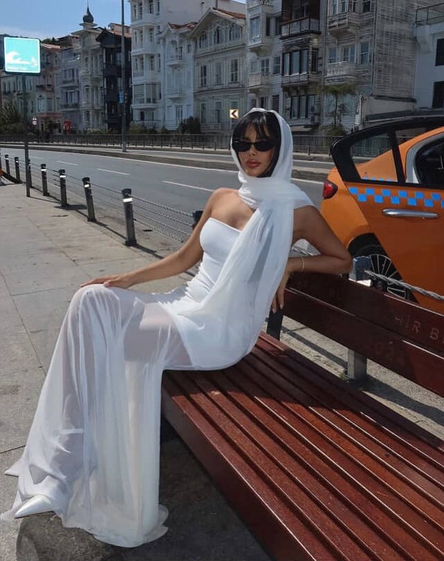 Strapless Mesh Patchwork Maxi Dress