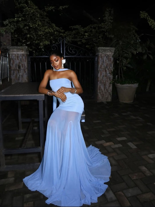 Strapless Mesh Patchwork Maxi Dress