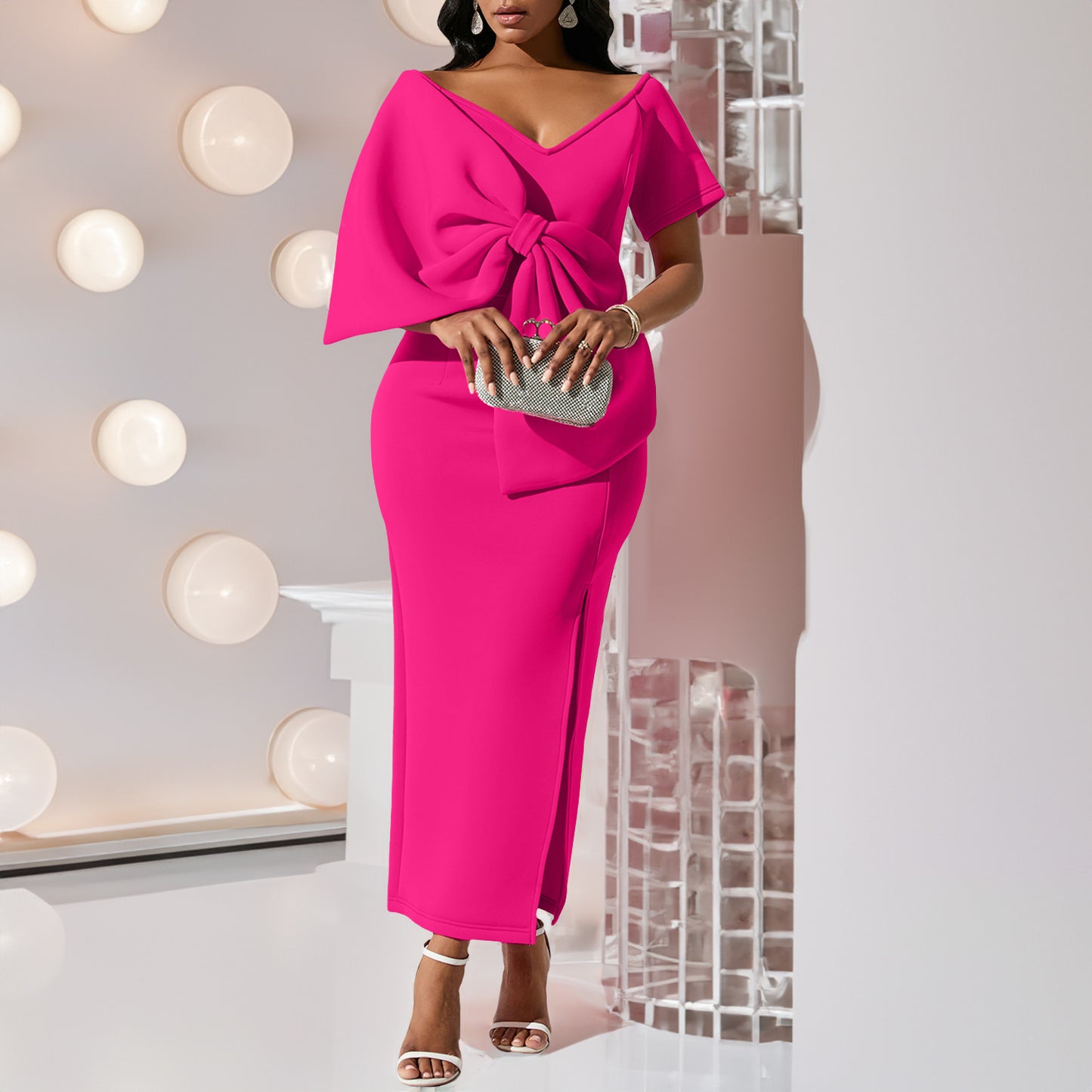 Wrap Hip Bow Accent Slit Dress