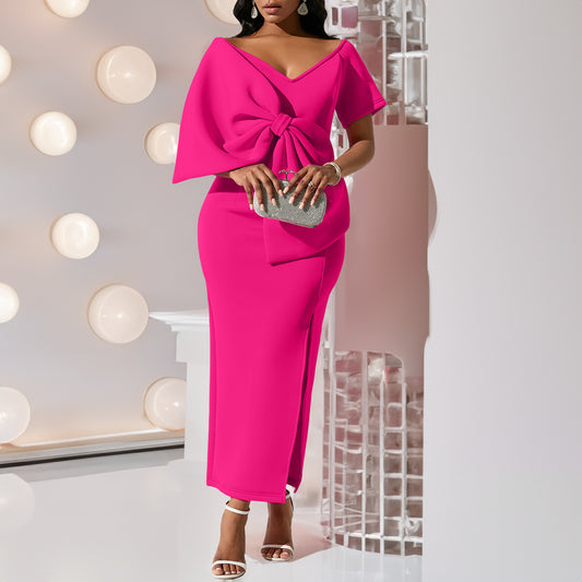 Wrap Hip Bow Accent Slit Dress