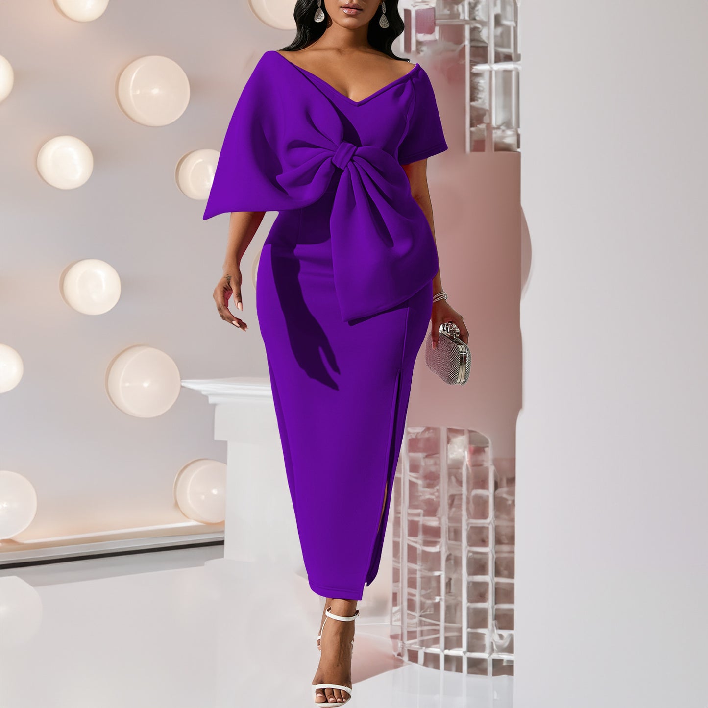 Wrap Hip Bow Accent Slit Dress