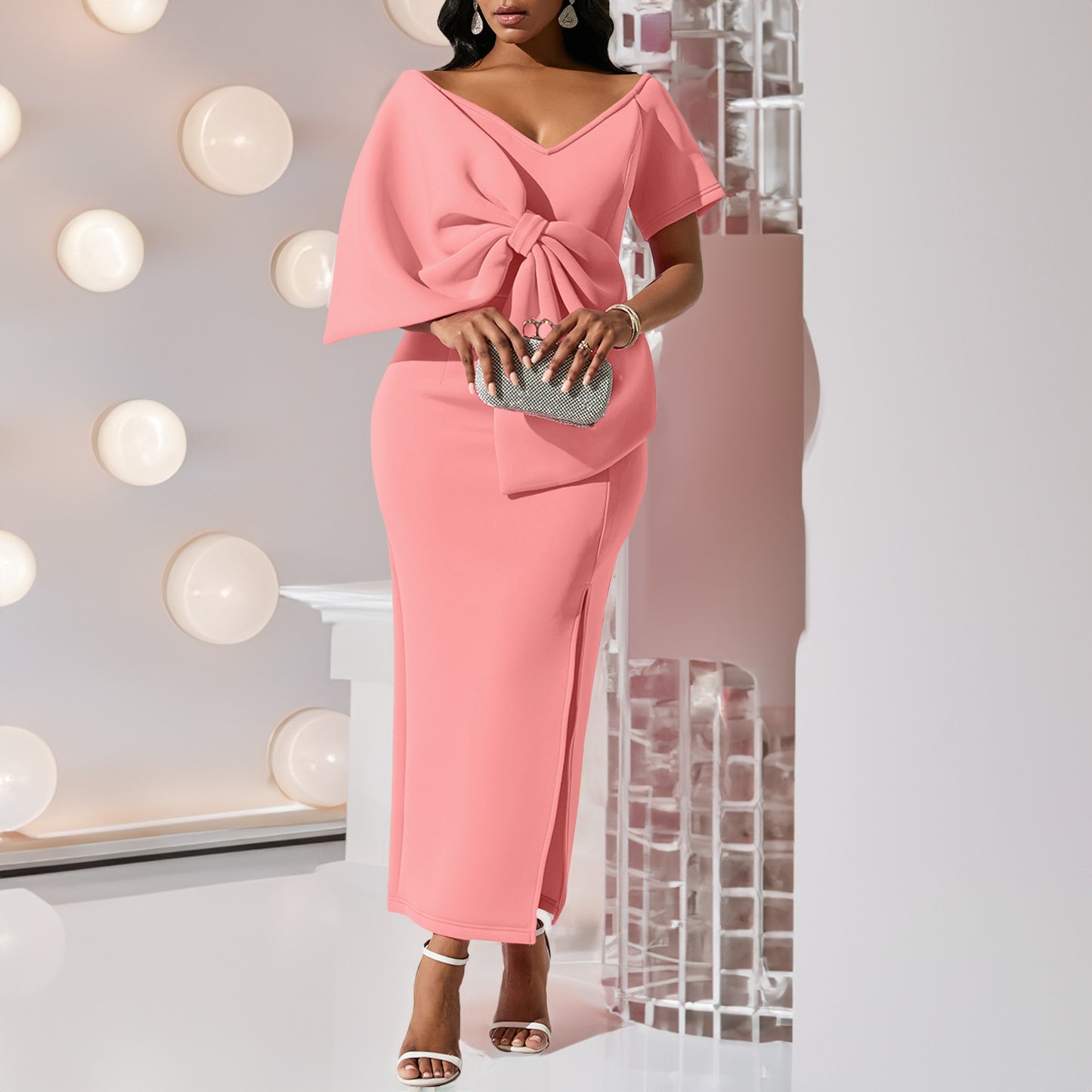 Wrap Hip Bow Accent Slit Dress
