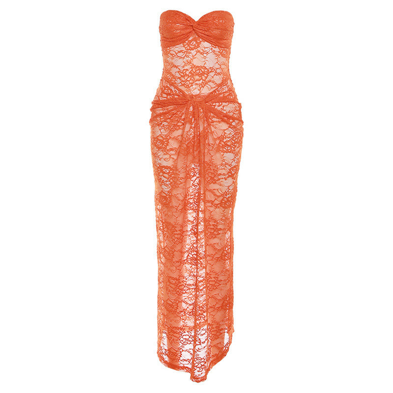 Orange Bustier Lace Maxi Dress