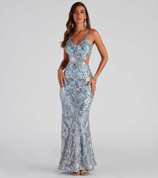 Silver Sequin Cutout Mermaid Gown