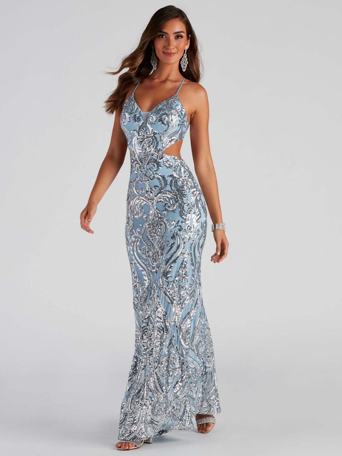 Silver Sequin Cutout Mermaid Gown