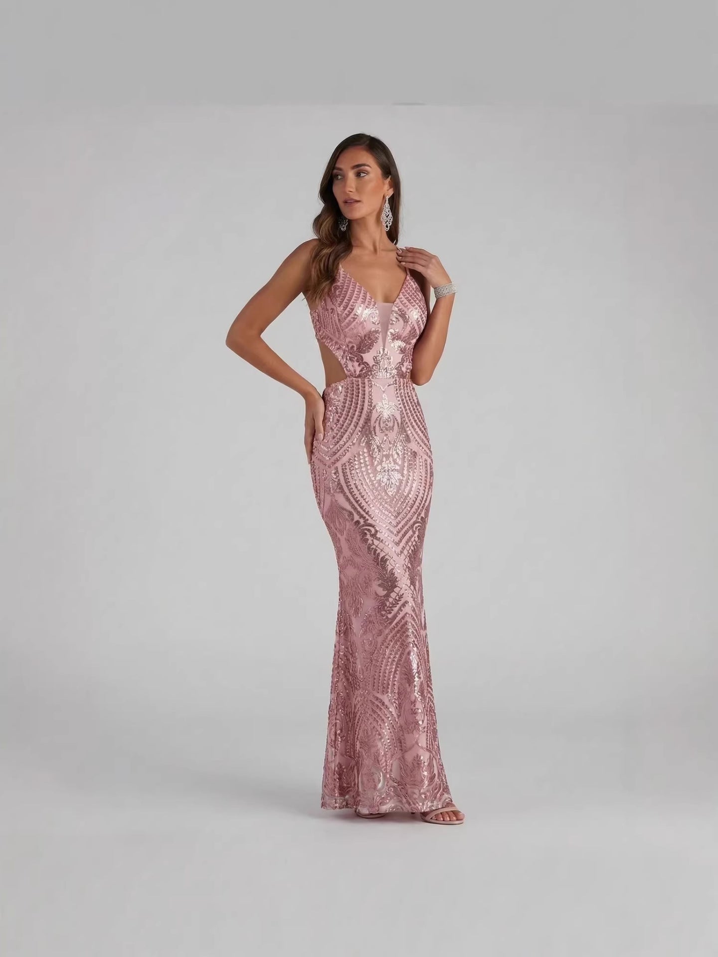 Silver Sequin Cutout Mermaid Gown