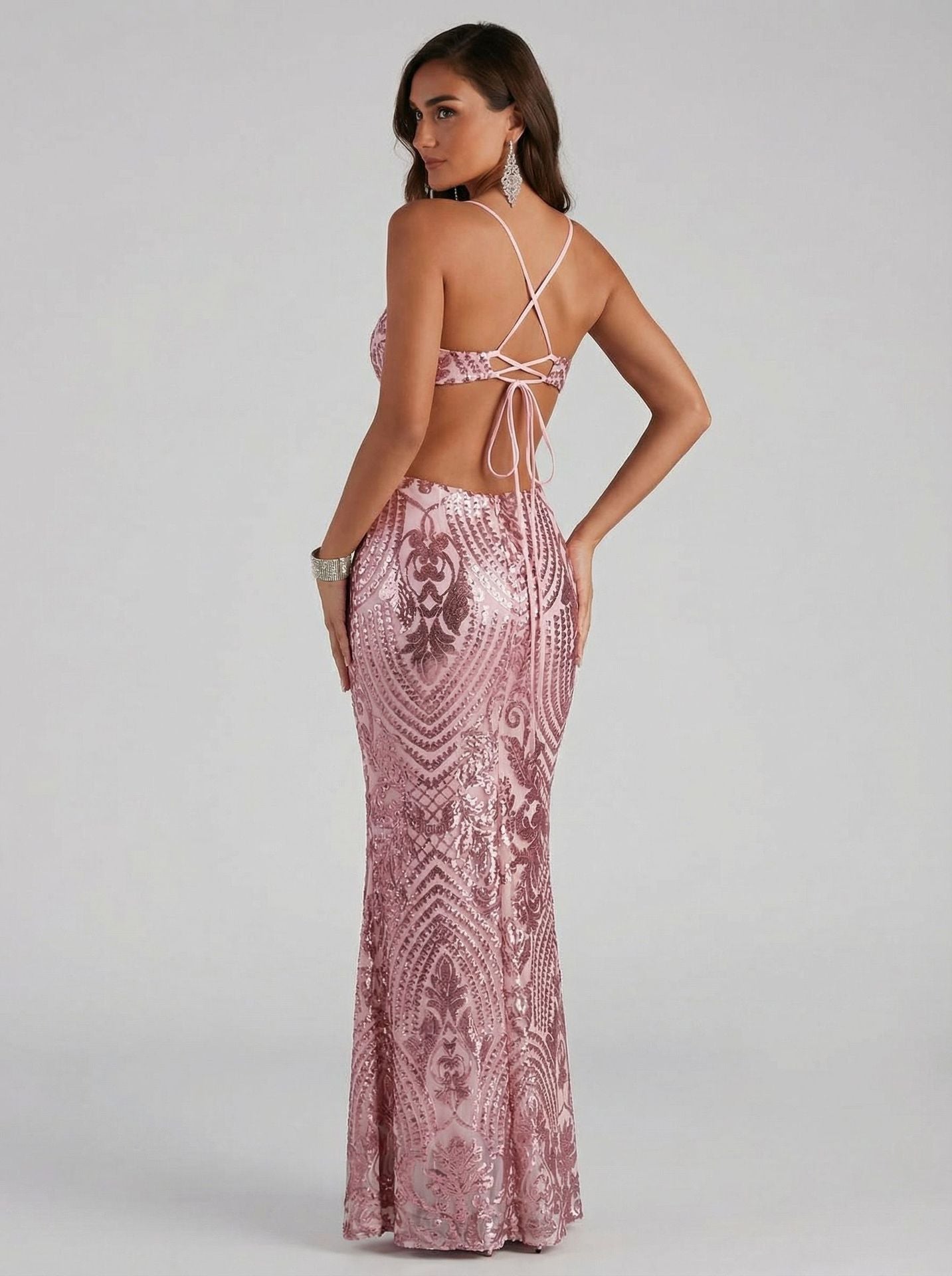 Silver Sequin Cutout Mermaid Gown