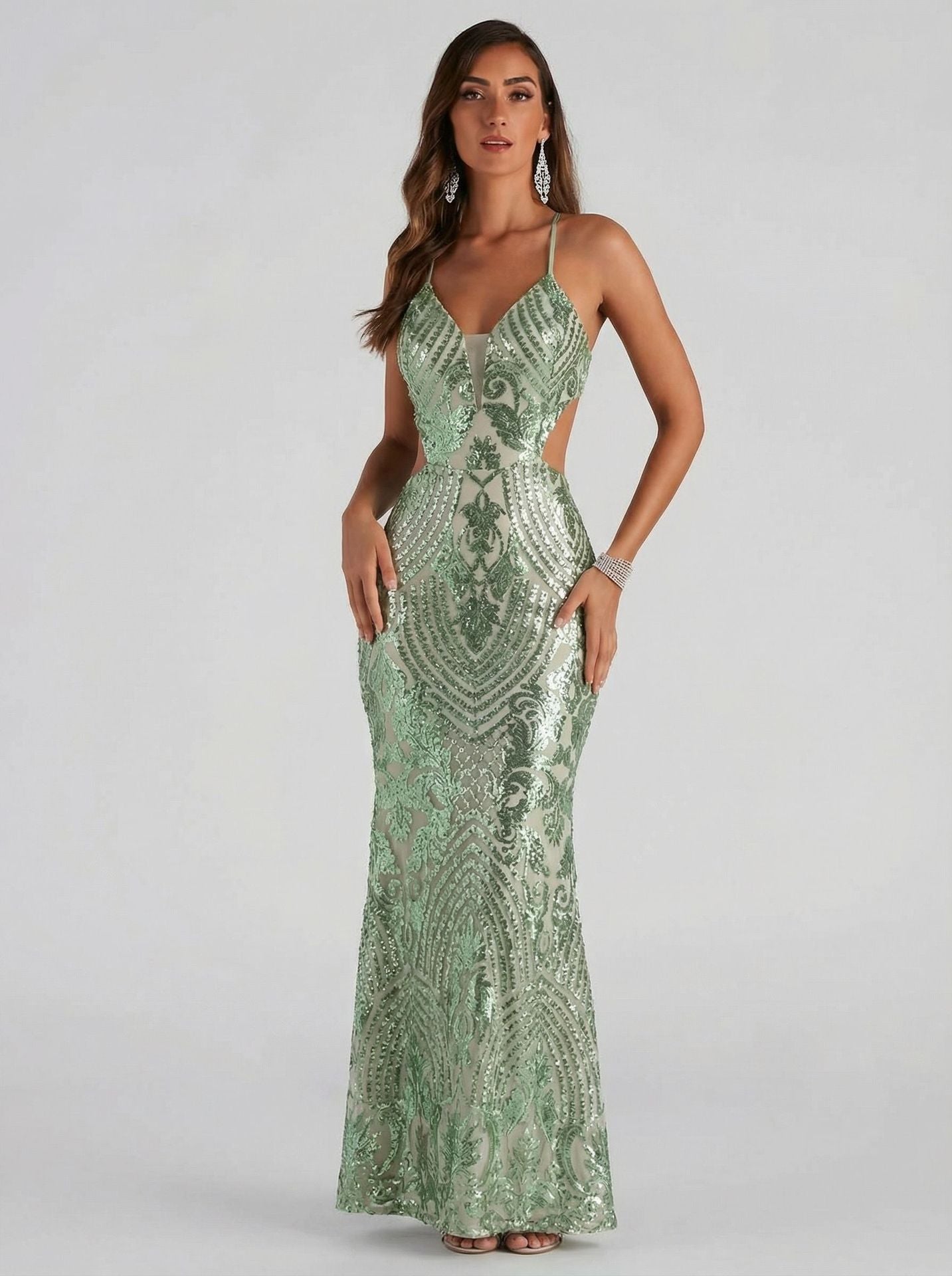 Silver Sequin Cutout Mermaid Gown
