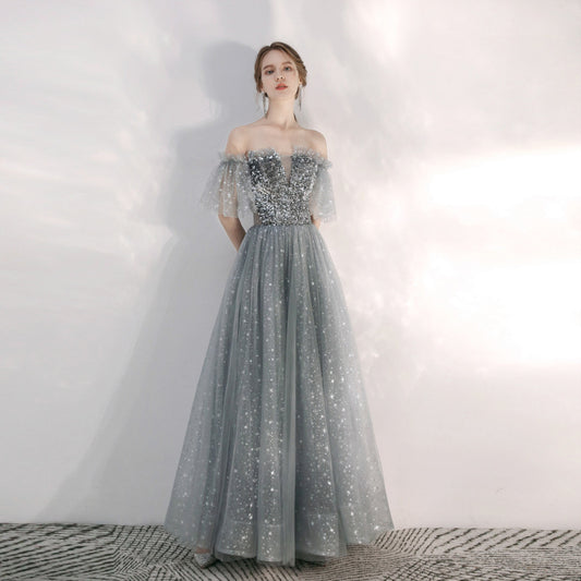 Silver Gray Off-the-Shoulder Sequin Tulle Gown