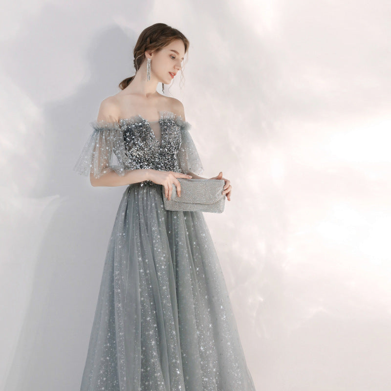 Silver Gray Off-the-Shoulder Sequin Tulle Gown