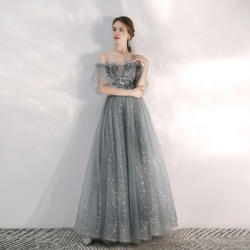 Silver Gray Off-the-Shoulder Sequin Tulle Gown