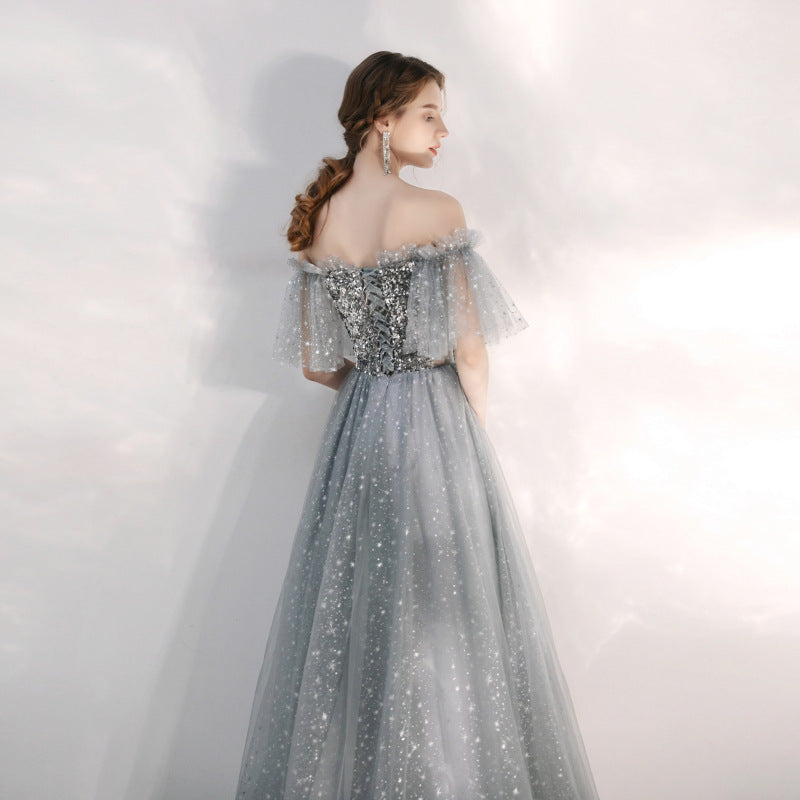 Silver Gray Off-the-Shoulder Sequin Tulle Gown