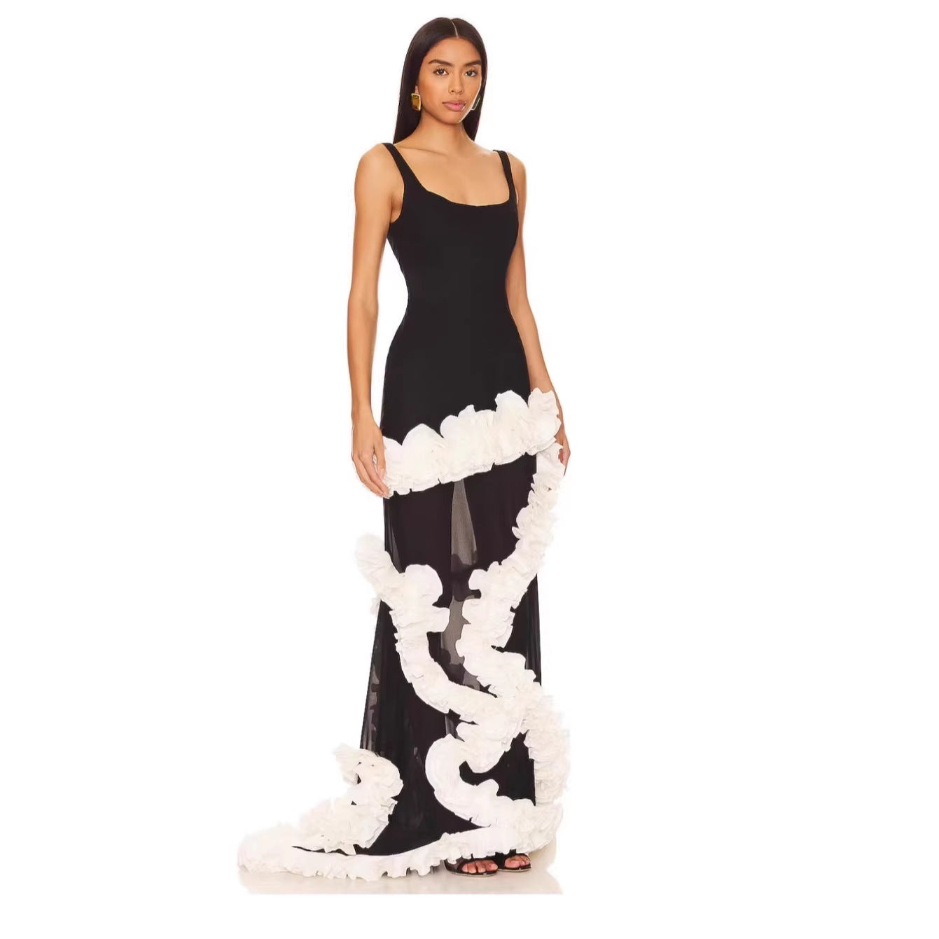 Luxury Black Formal Dress with 3D White Floral Ruffle Trim