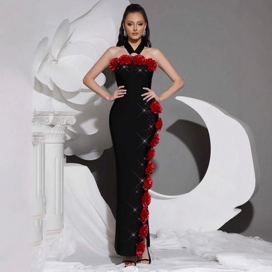 Black Halter Evening Gown with Red Rose Side Slit & Rhinestone Accents