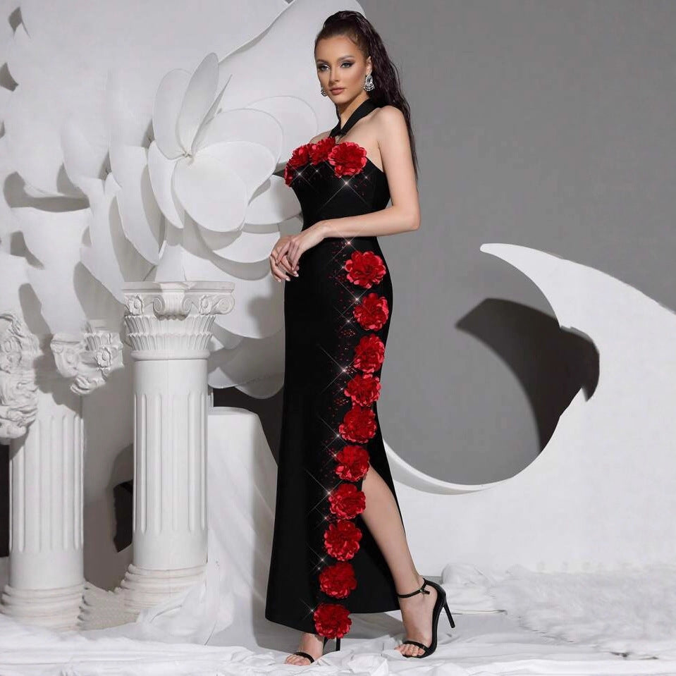 Black Halter Evening Gown with Red Rose Side Slit & Rhinestone Accents