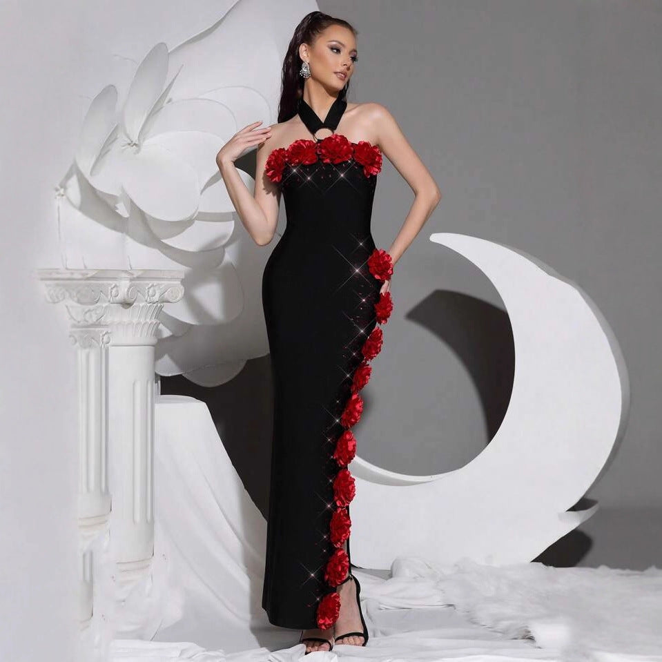 Black Halter Evening Gown with Red Rose Side Slit & Rhinestone Accents