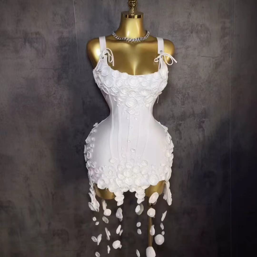 3D Floral Corset Mini Dress with Petal Fringe Hem