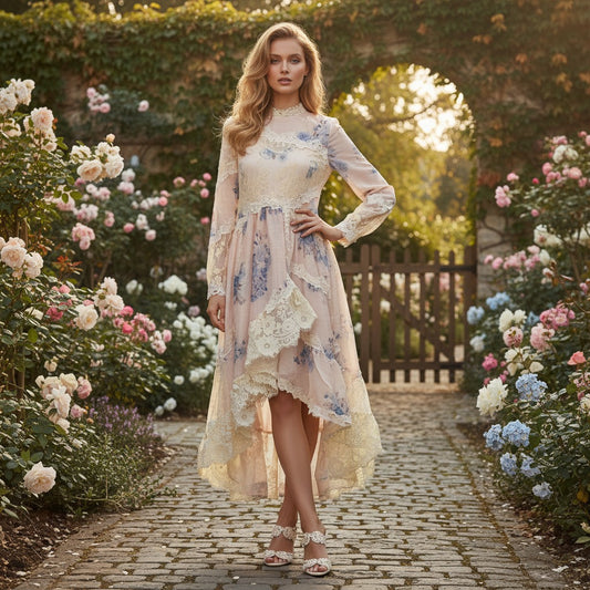Vintage French Court Style Floral Lace Maxi Dress