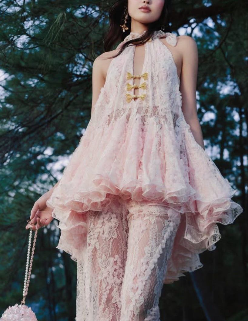 Pink Lace Cheongsam-Inspired 2-Piece Set