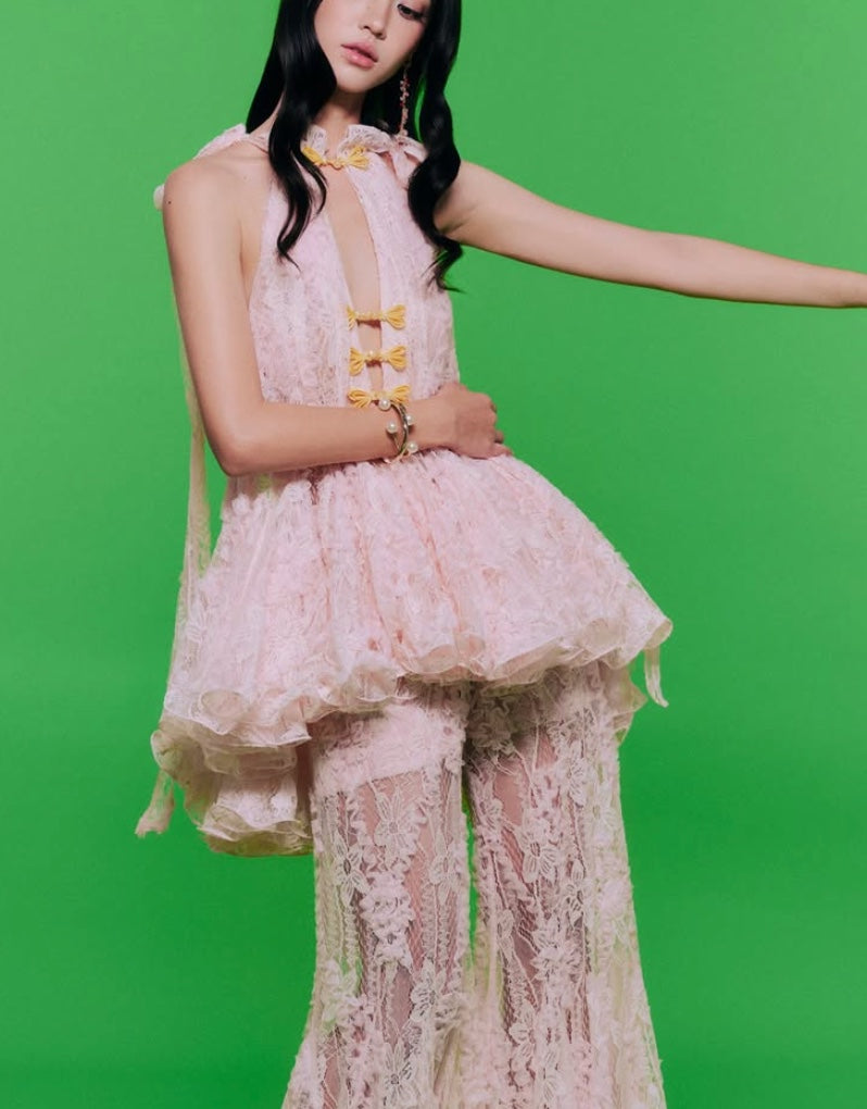 Pink Lace Cheongsam-Inspired 2-Piece Set