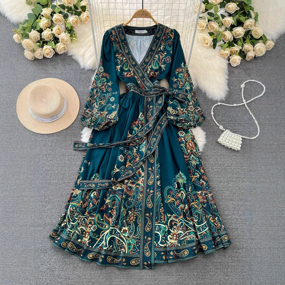 Vintage Court Style Puff Long Sleeve V-Neck Tie Waist A-Line Print Dress