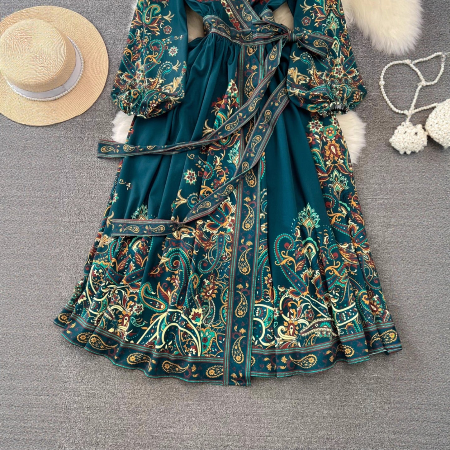 Vintage Court Style Puff Long Sleeve V-Neck Tie Waist A-Line Print Dress