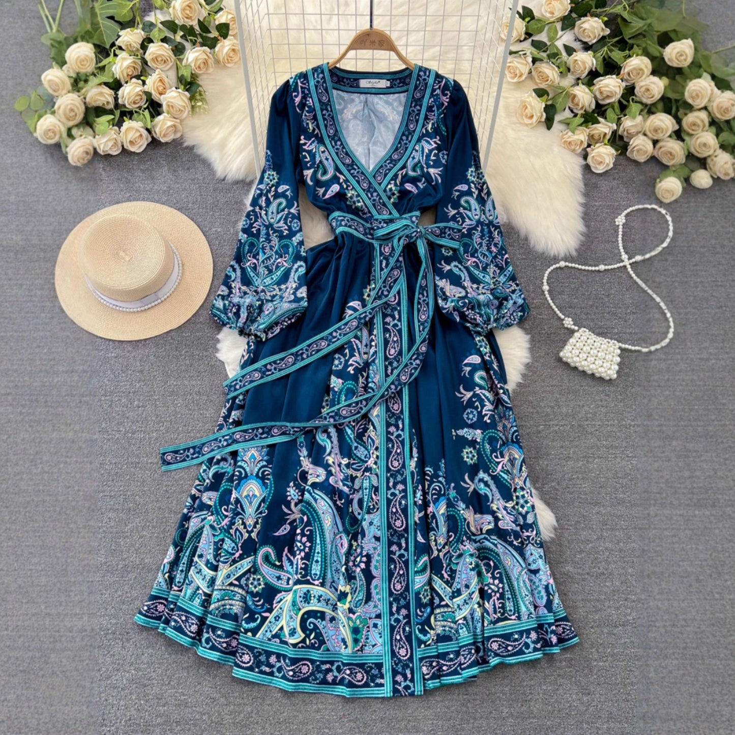 Vintage Court Style Puff Long Sleeve V-Neck Tie Waist A-Line Print Dress